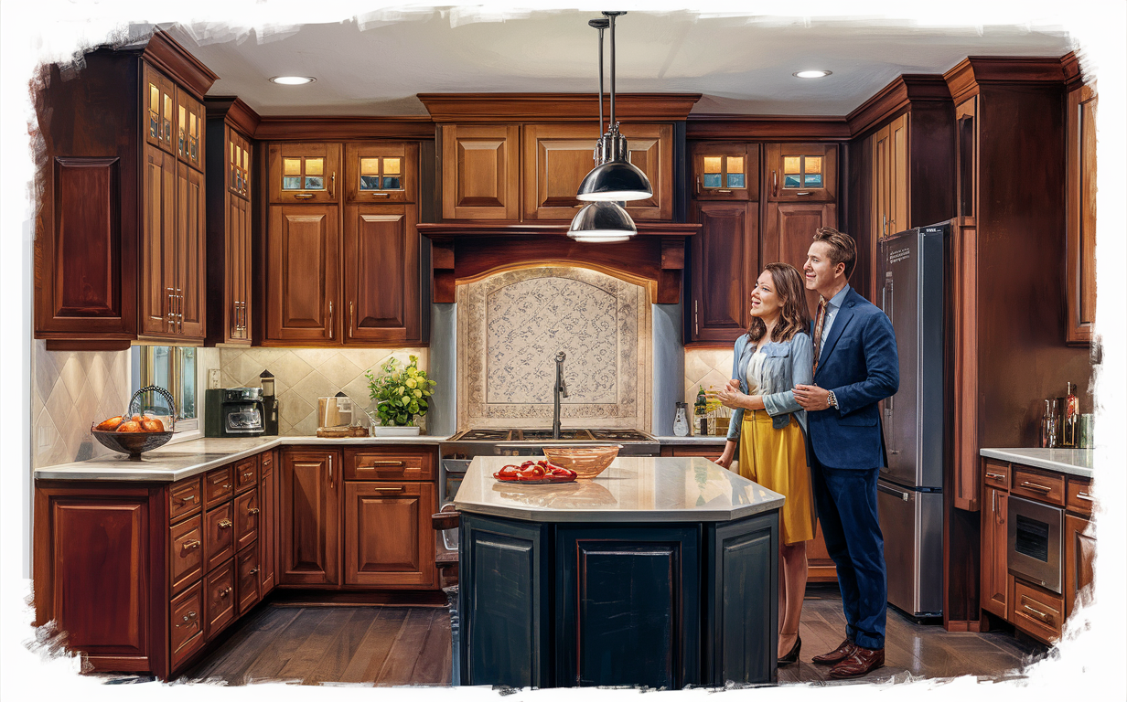 A couple embracing in a kitchen with elegant custom wood cabinets, a tile backsplash, and a large center island, showcasing how custom cabinets can enhance the look and value of a home.