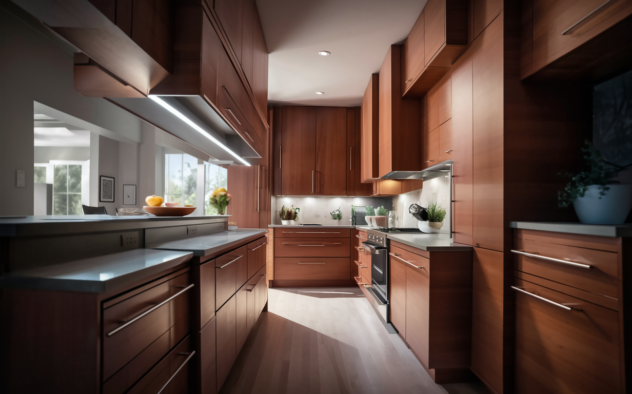 A modern kitchen with high-end custom wood cabinets in a rich cherry finish, featuring ample storage space, recessed lighting, and an open layout.