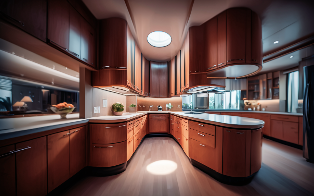 A spacious kitchen with elegant custom wood cabinets featuring a couple embracing near the central island, showcasing how custom cabinetry can enhance the home's value and ambiance.