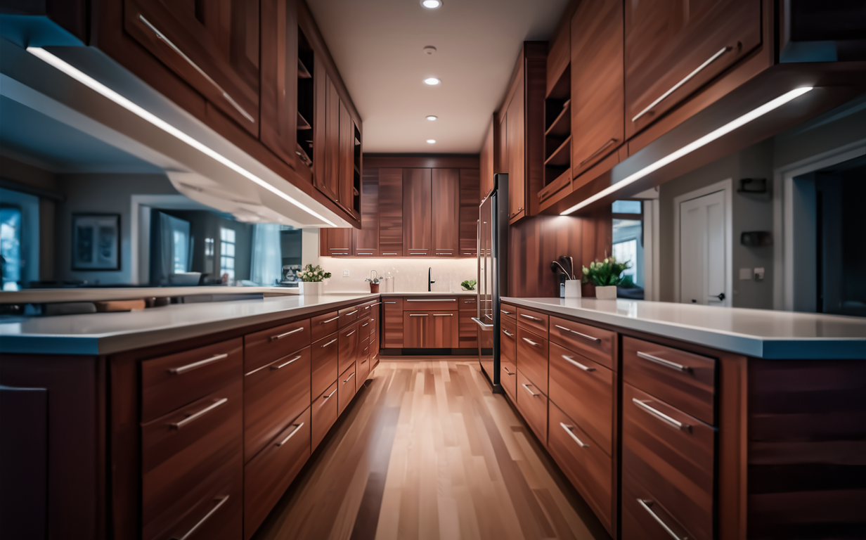 A high-end custom kitchen with curved wooden cabinets in a warm cherry wood tone, stainless steel countertops, and large windows providing natural light.