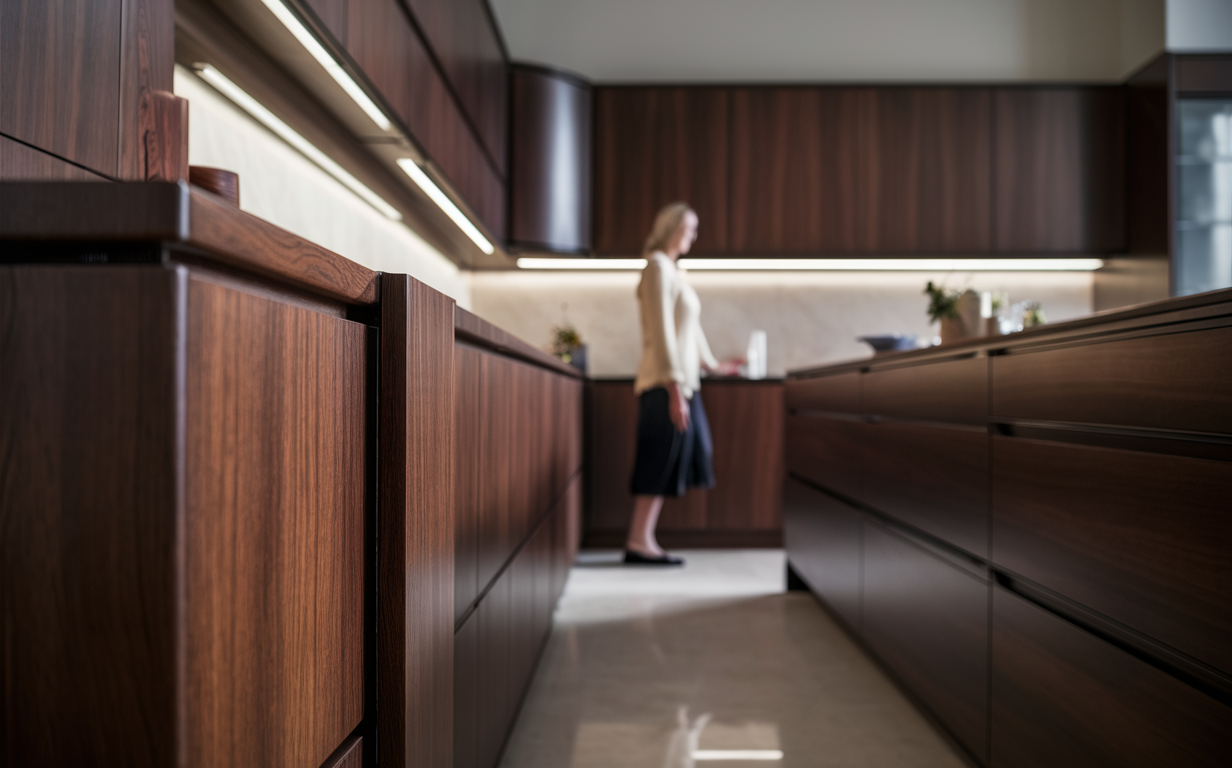 A technician in work attire crouching and using a smartphone to inspect custom wood cabinets in a modern kitchen