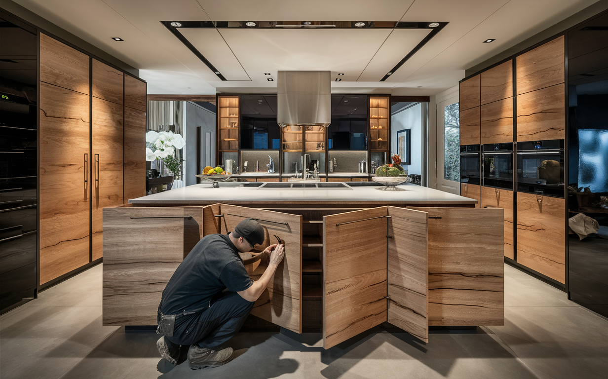 A person working on installing custom wood cabinets in a residential kitchen