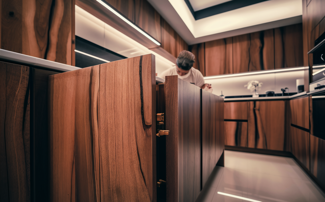 A woman standing in a modern kitchen with sleek wood cabinets and under-cabinet lighting