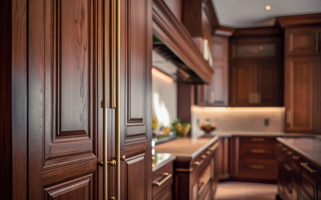 Interior view of a kitchen showcasing beautifully crafted custom wood cabinets in a rich, dark finish