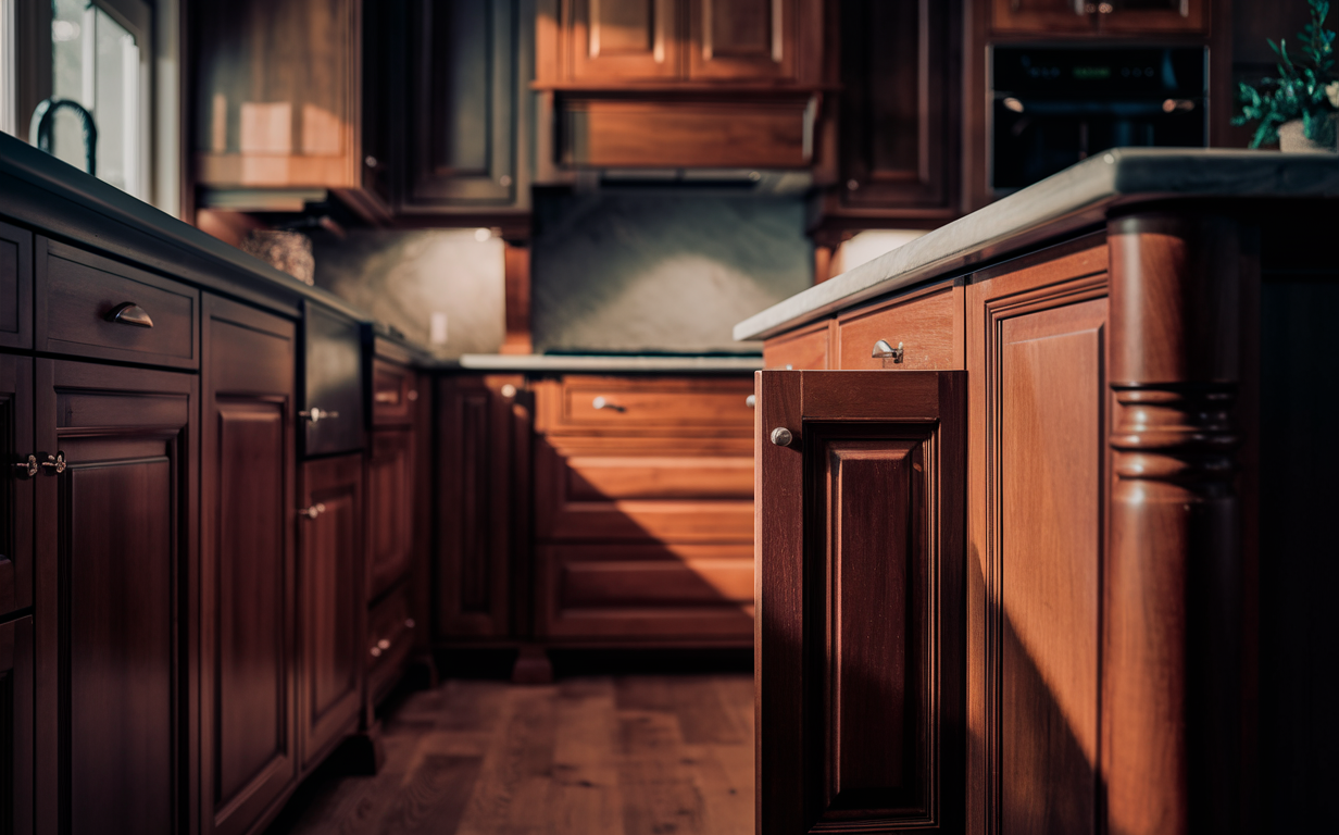 Interior view of a kitchen with high-end wooden cabinets and drawers in a rich brown finish, showcasing intricate panel designs and ornate hardware