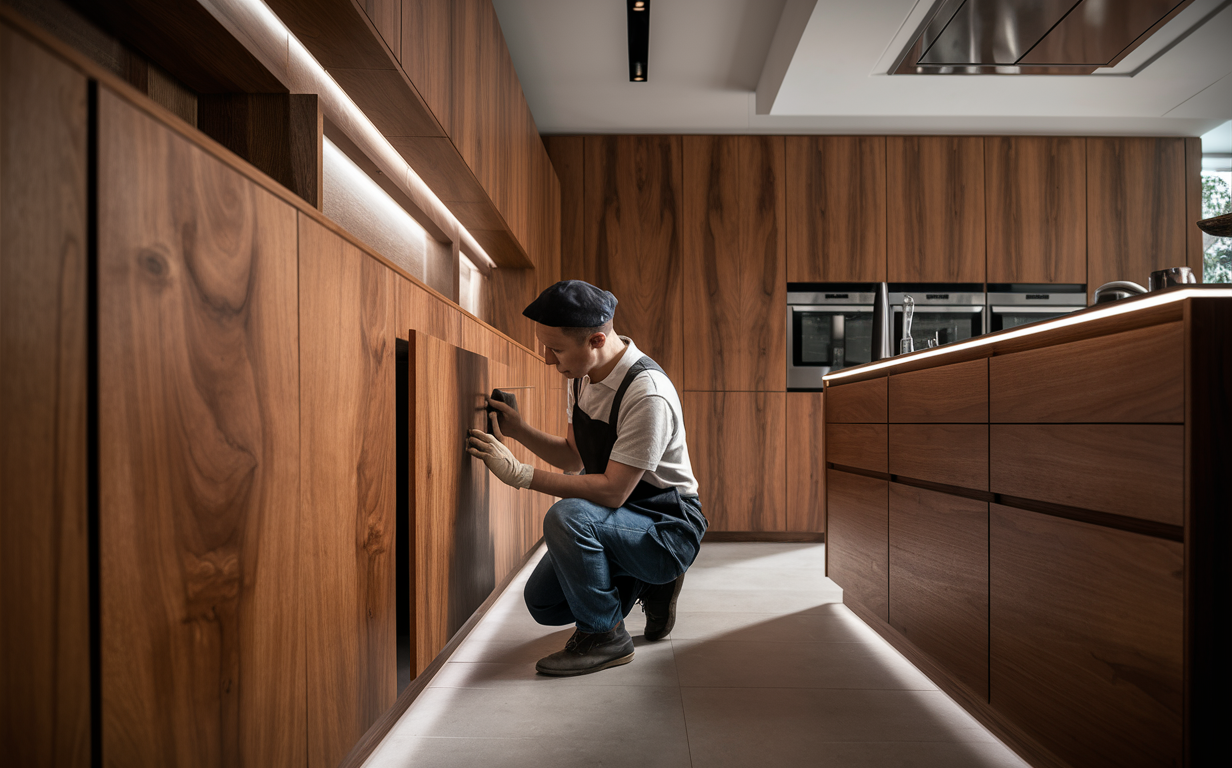 A high-end modern kitchen with sleek wood cabinets, stainless steel appliances, and an island countertop, featuring a person sitting on the floor with their head in their hands in an expression of despair or frustration.