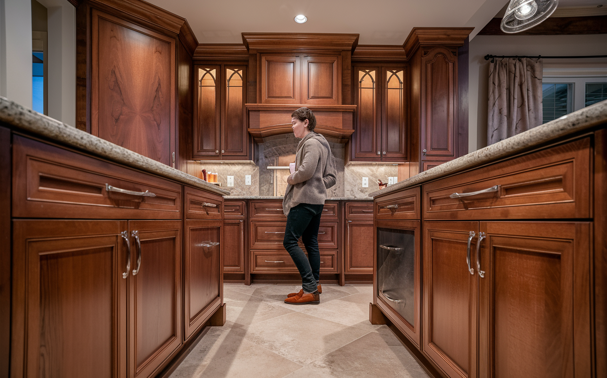 A person standing in a kitchen showcasing beautiful custom wood cabinets with intricate designs and glass panels